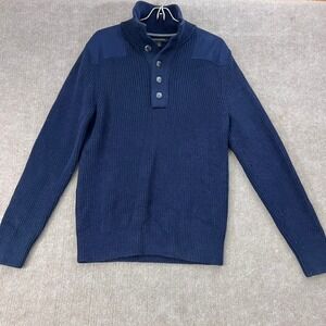 Banana Republic Men's Sweater L Navy Knit Cotton Blend Button Mock Neck Pullover